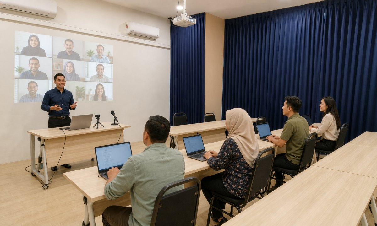 Visualisasi latihan dalam talian jarak jauh di VECTOR Learning Studio sebenar dengan jurulatih yang jelas, peserta dalam talian pada unjuran dan pelajar di dalam bilik